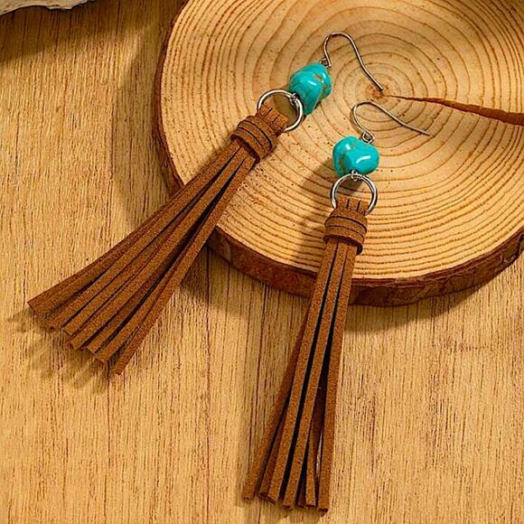 Handmade Leather Turquoise Fringe Dangle Earrings - Picture 1 of 5